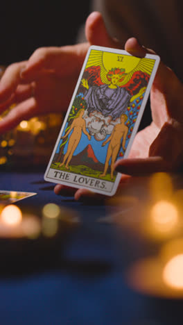 Video-Vertical-Cerca-De-Una-Mujer-Dando-Lectura-De-Cartas-Del-Tarot-En-Una-Mesa-A-La-Luz-De-Las-Velas-Sosteniendo-La-Carta-De-Los-Amantes-1